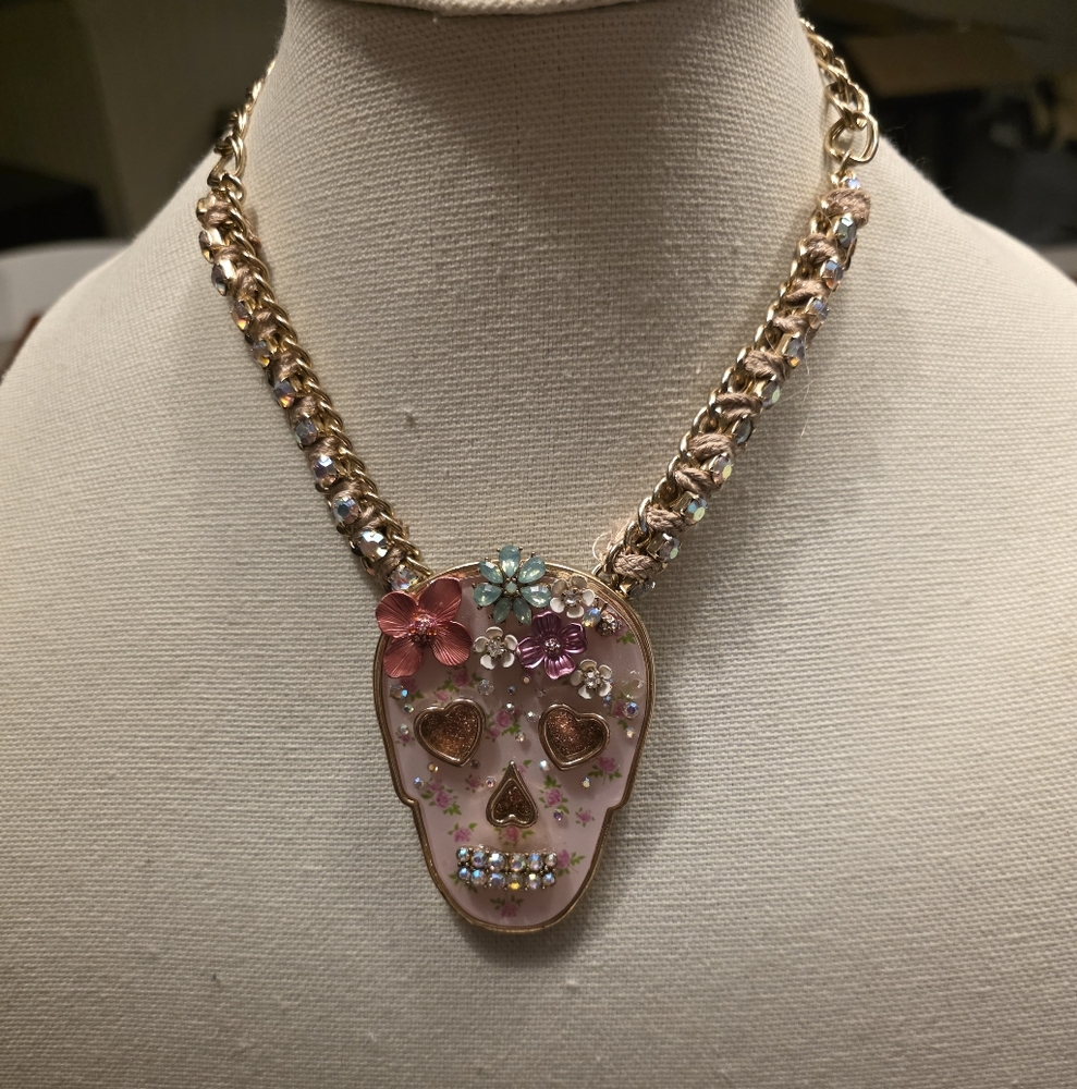 Betsey Johnson Gold Skull Necklace with Pink and Purple Floral Accents